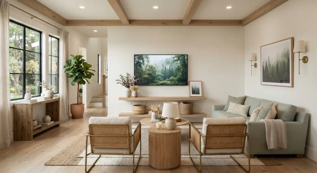 Bright sage green living room with floating oak shelf above wall-mounted television