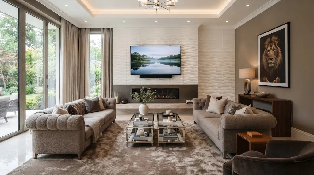 Luxury living room with 3D textured wall panels around wall-mounted television