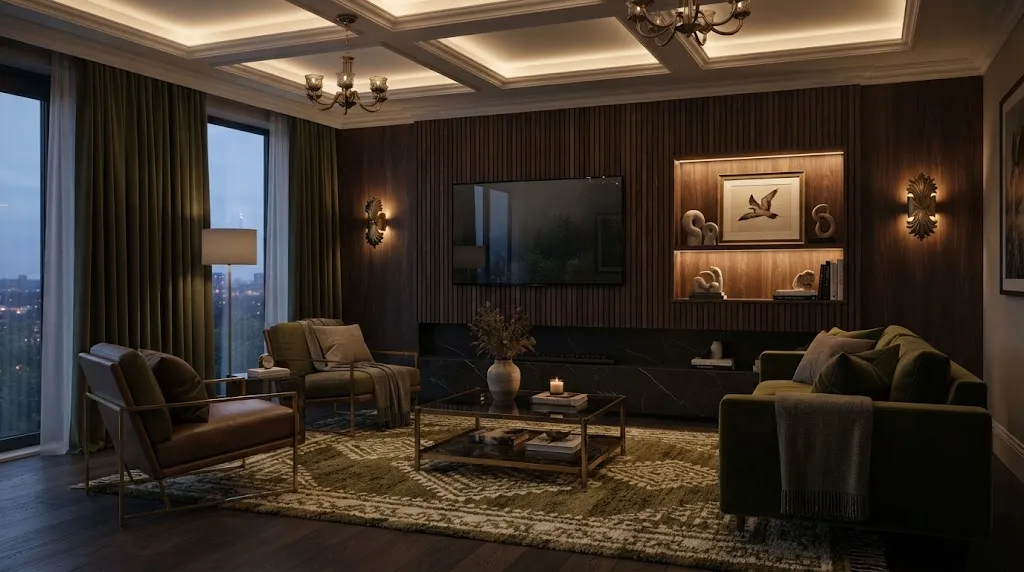 Moody living room with dark wood slats and wall-mounted flat-screen television