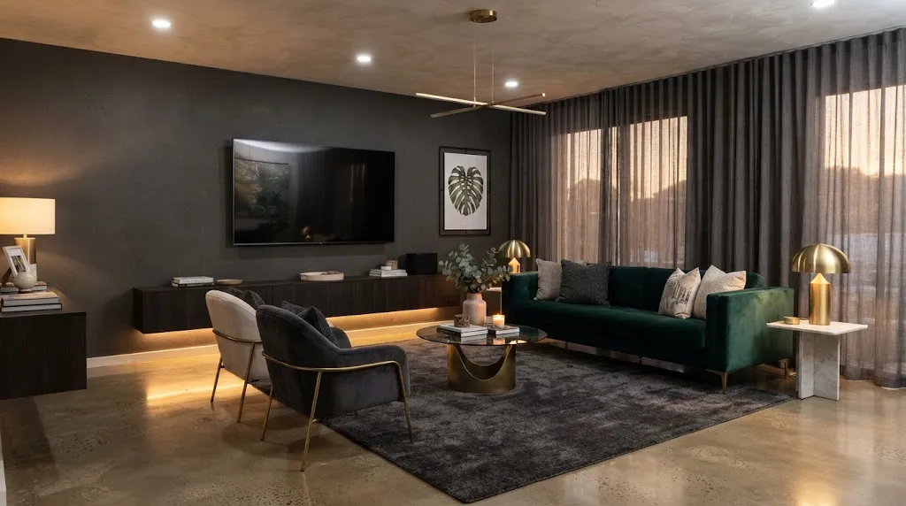 Elegant living room with floating media console and wall-mounted flat-screen television
