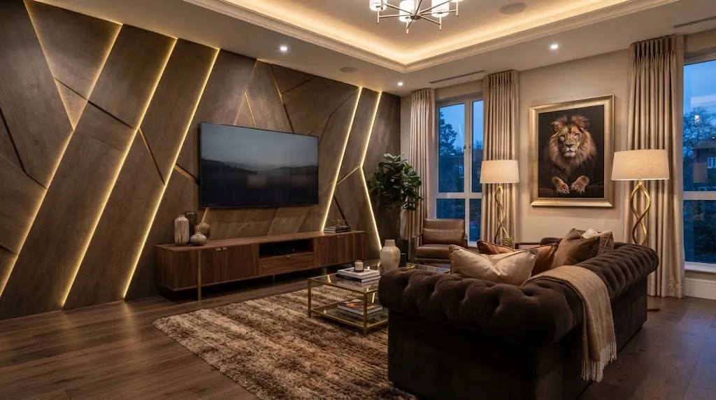 Upscale living room with geometric relief wall panels and wall-mounted television