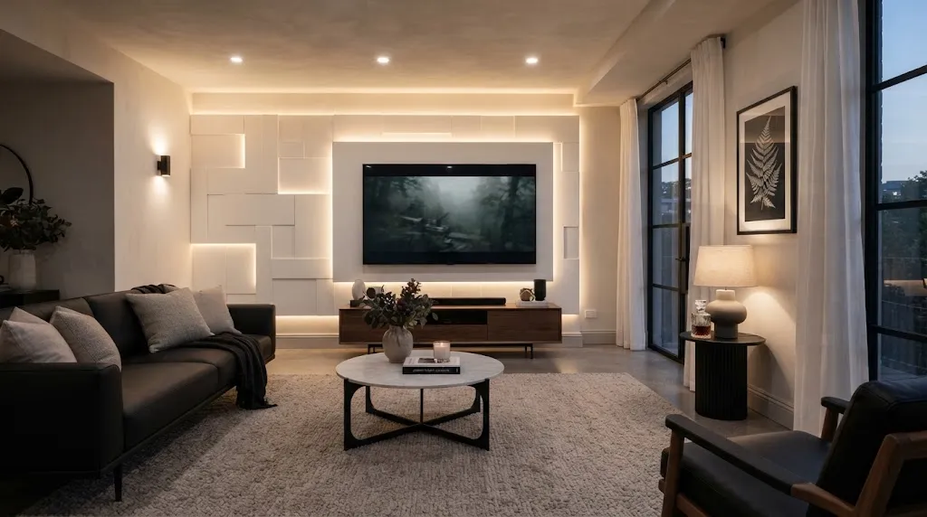 Luxury living room with glowing LED-lit panel and wall-mounted flat-screen television