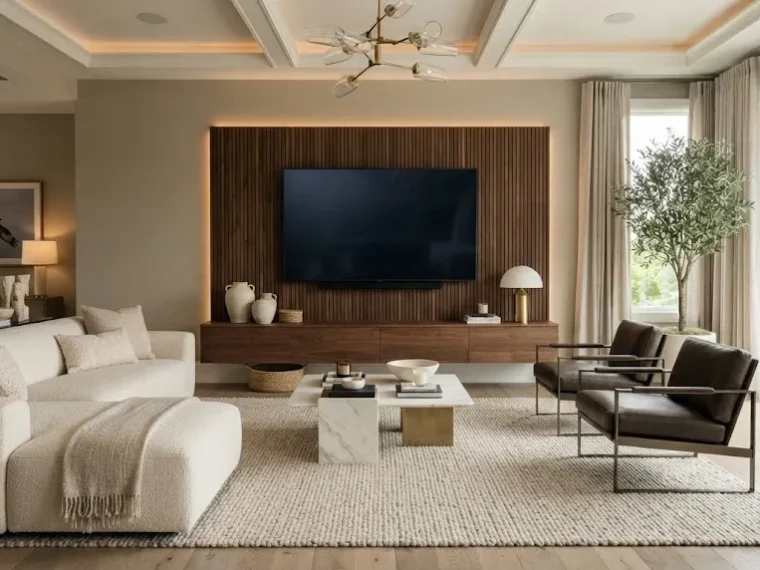Luxurious living room featuring a fluted walnut wall with mounted flat-screen television