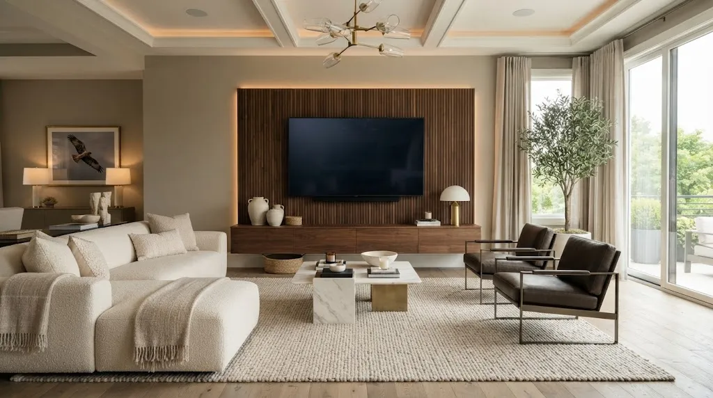 Luxurious living room featuring a fluted walnut wall with mounted flat-screen television