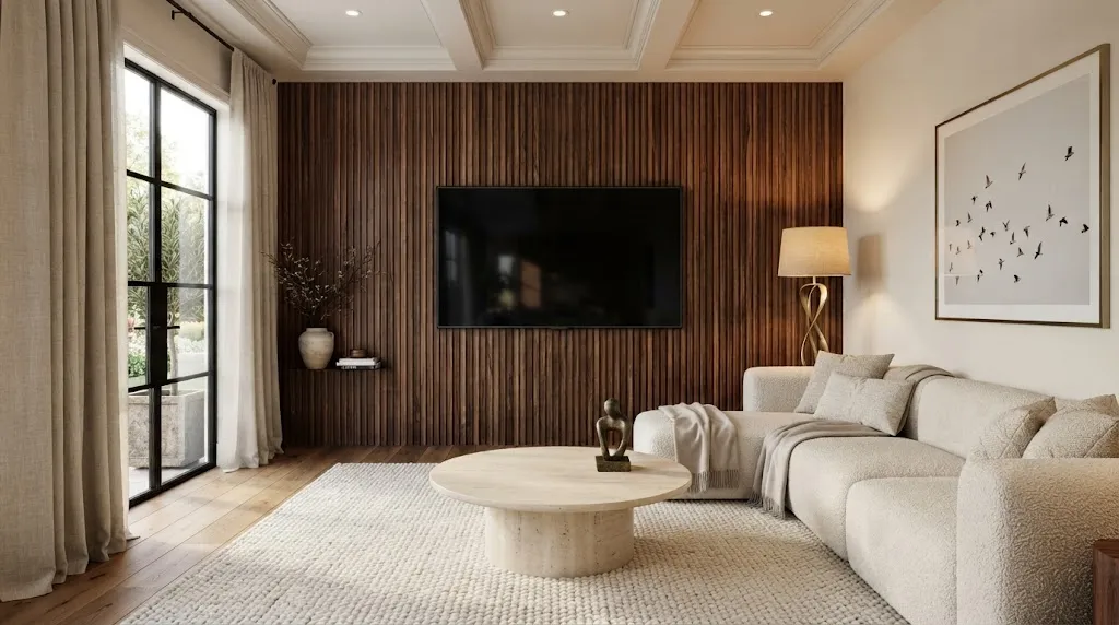 Luxury living room with walnut wood slat wall and wall-mounted flat-screen television