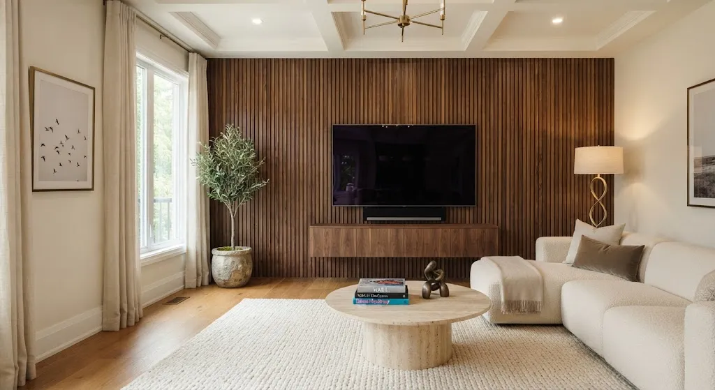 Luxury living room with walnut wood slat wall and wall-mounted flat-screen television