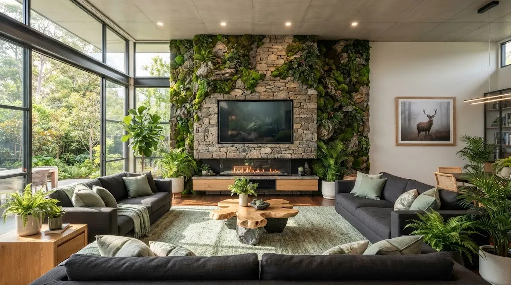 Expansive luxury living room with moss and stone wall around wall-mounted television