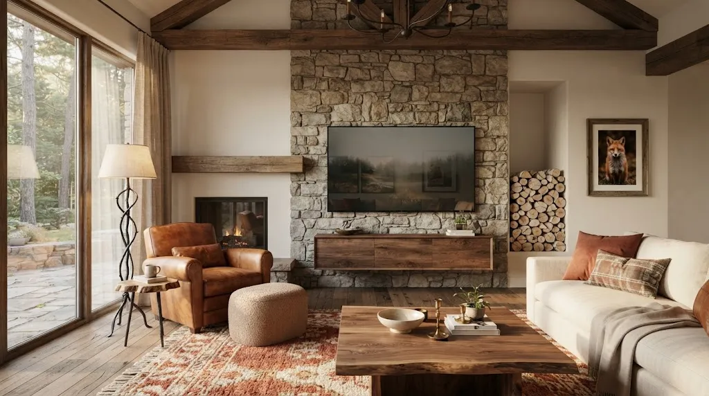 Rustic luxury living room with natural stone wall and wall-mounted flat-screen television