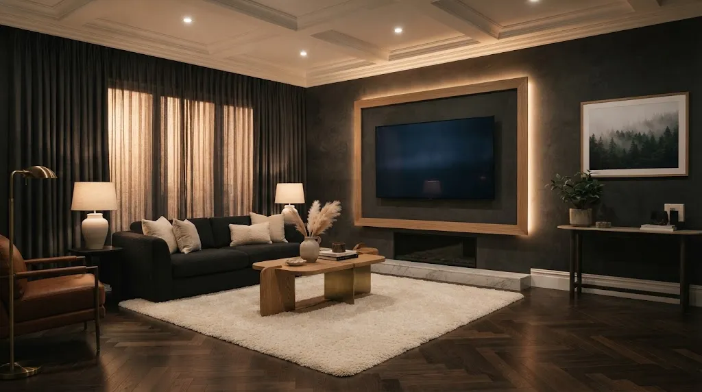 Elegant living room with warm oak veneer frame around wall-mounted flat-screen television