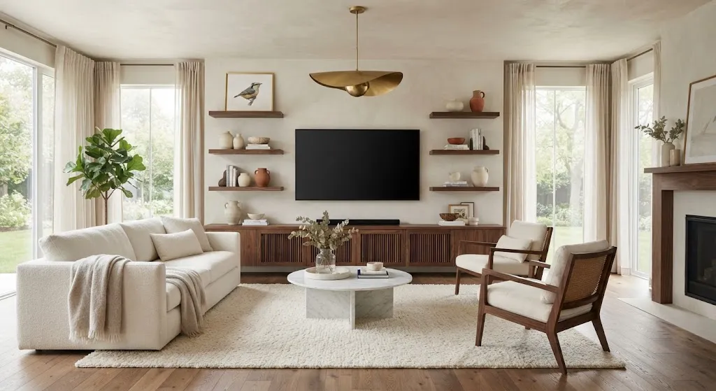 Bright luxury living room with open walnut shelving around wall-mounted television