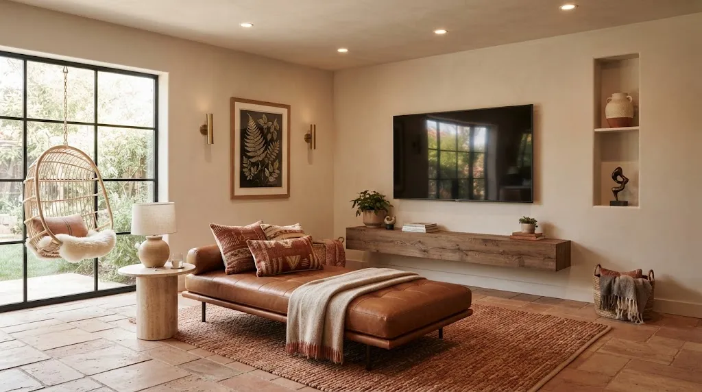 Warm luxury living space with recessed wall niche beside flat-screen television