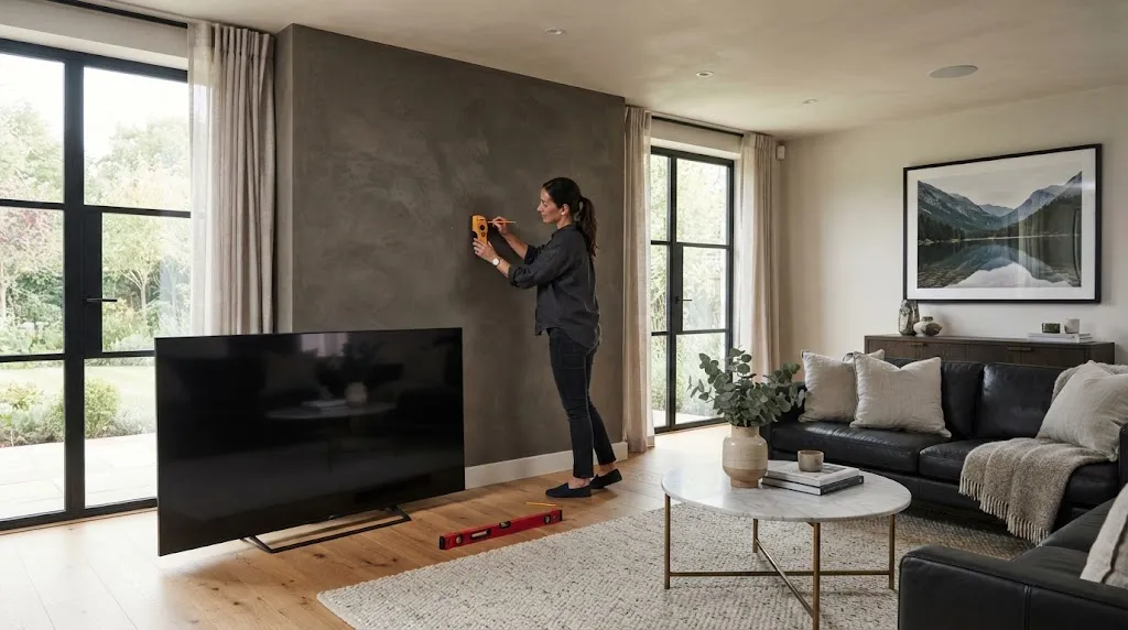 Sophisticated living room preparing to mount a flat-screen television on feature wall