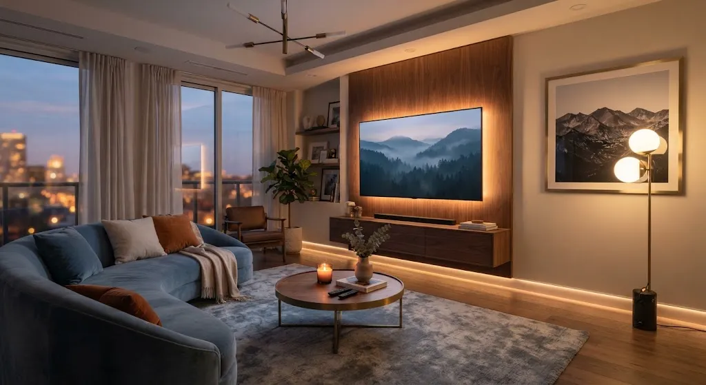 Polished luxury living room with walnut panel behind wall-mounted flat-screen television